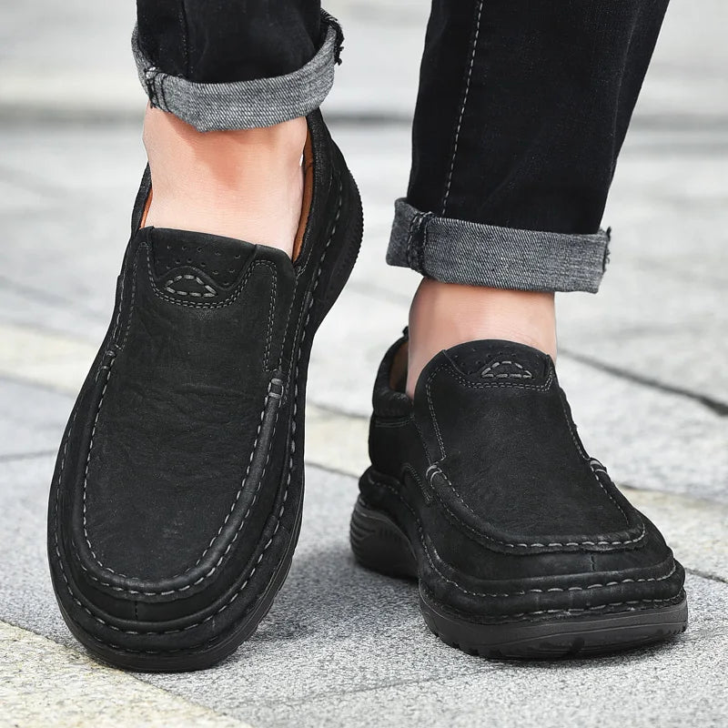 Genuine Leather Mens Loafers Anti-slip Rubber Man Casual Shoes Vintage Style Walk Shoes Slip-On Hiking Footwear Luxury Moccasins