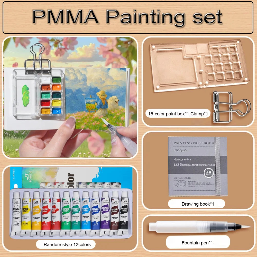 8/15-Grid Acrylic Mini Watercolor Palette –Portable Travel Paint Box with 1 Water Pen,1Watercolor Book ,12colors Pigment for Art - Sun Studio