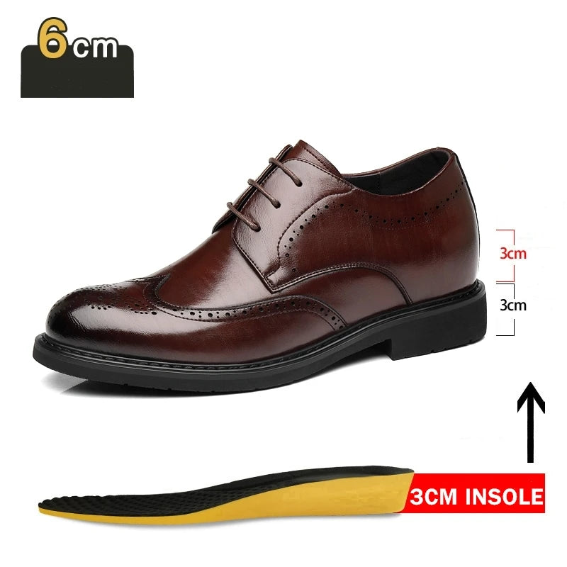 Men's Dress Brogues Elevator Shoes Platform Breathable Casual Business Luxury Genuine Leather Heightening Shoes 6 8CM Taller Man - Sun Studio