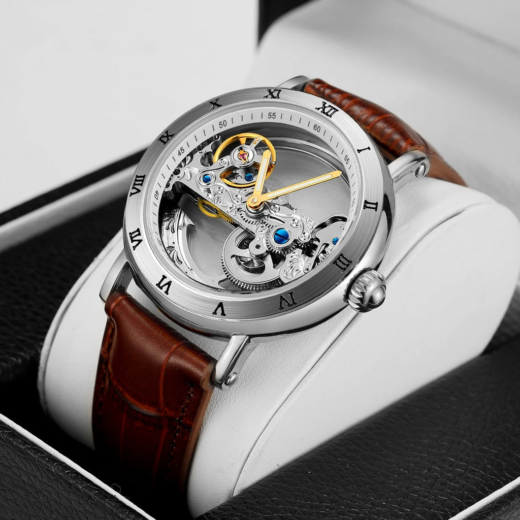 Forsining Silver Skeleton Automatic Watch Men Luminous Hands Business Retro Golden Bridge Mechanical Watches Steel Leather Strap - Sun Studio