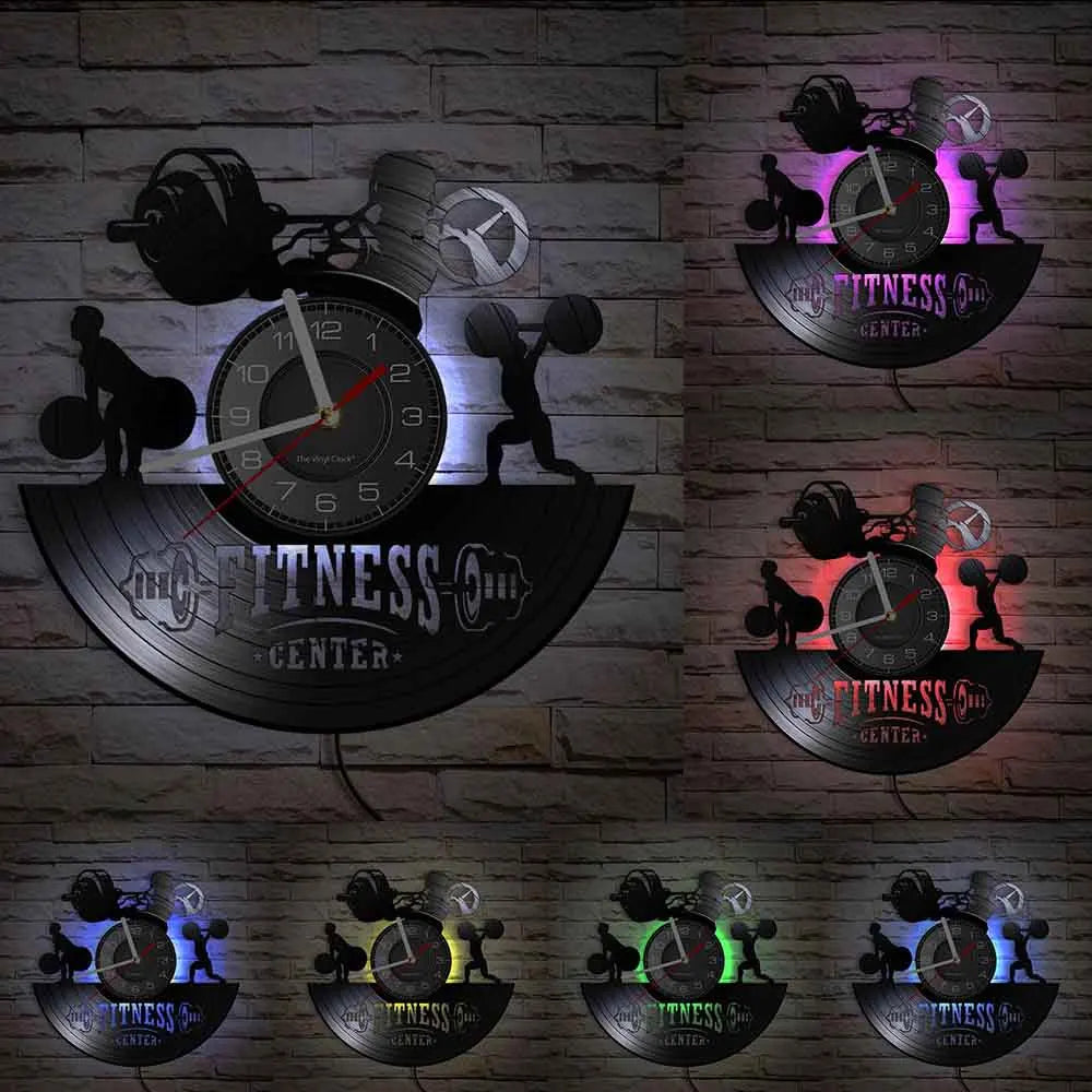 Fitness Equipment Theme Vinyl Record Fitness Wall Clock Home Decoration LED Backlight Modern Fitness Watch