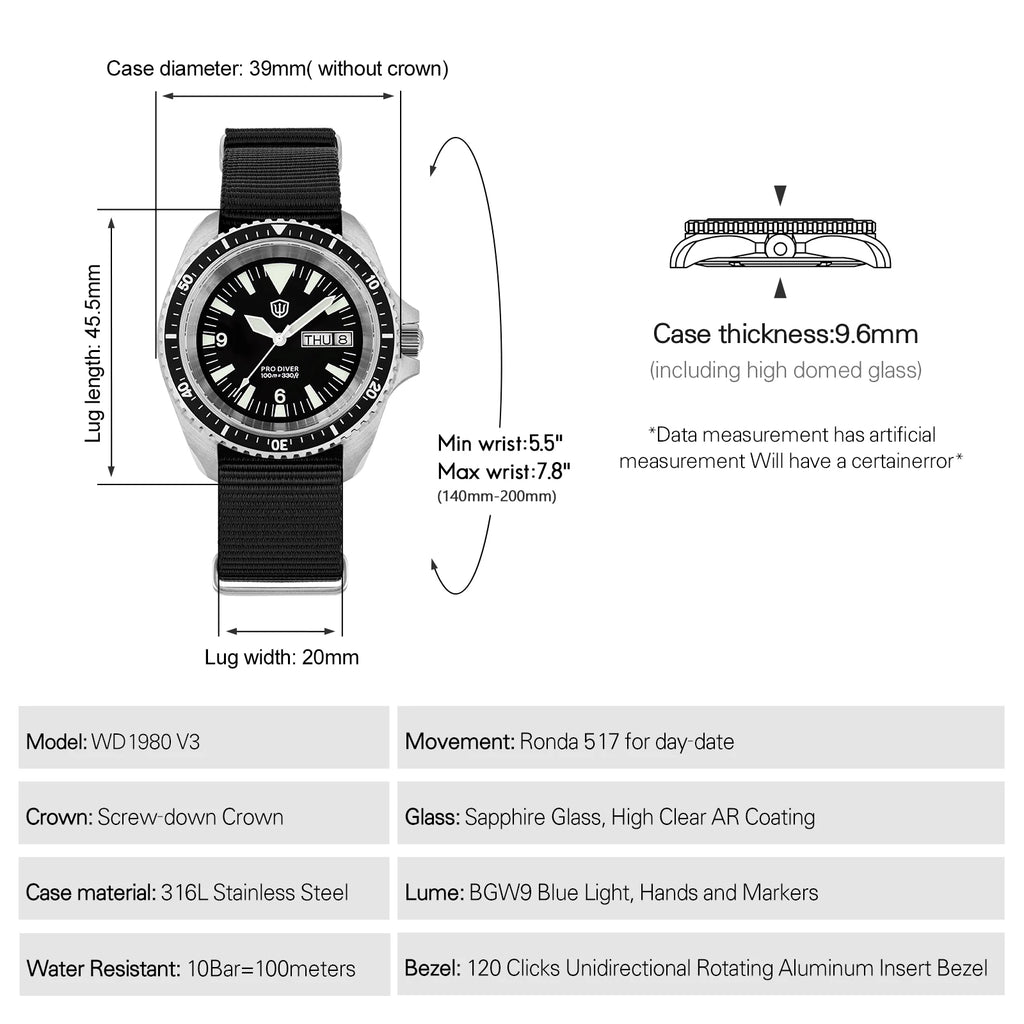 Watchdives WD1980 V3 Luxury Watch VH31 Scanning Quartz Movement AR Coating Sapphire Glass 10Bar Waterproof Men's Watches - Sun Studio