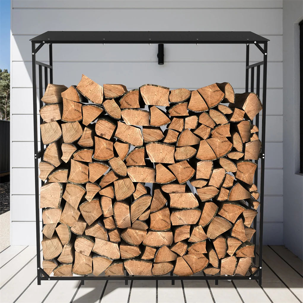 70" Outdoor Metal Log Store Stack Holder Wood Firewood Rack Garden Storage Shed with Waterproof Roof - Sun Studio