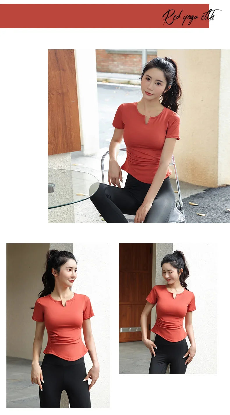Fitness Yoga Tshirt Women's Short Sleeve Gym T-Shirt Quick Dry Running Training Breathable Slimming Moisture Wicking Sports Tops - Sun Studio