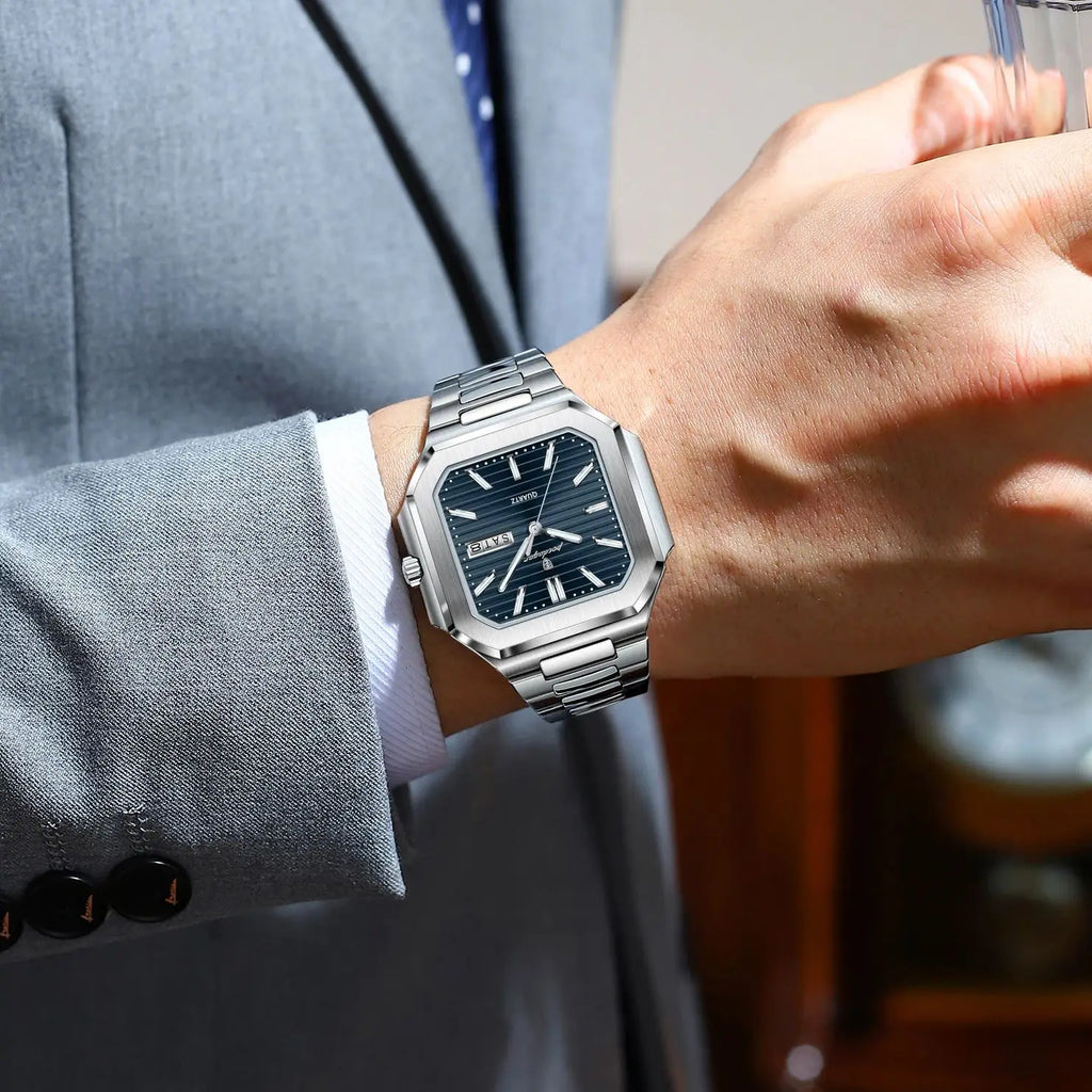 POEDAGAR Square Fashion Man Wristwatch Waterproof Luminous Date Week Quartz Men's Watches Stainless Steel Luxury Men Watch Reloj - Sun Studio
