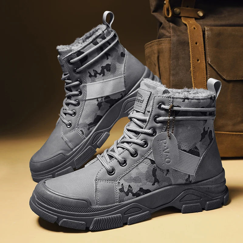 New Men's Winter Camouflage Ankle Boots Fur Lined Warm Non-Slip Outdoor Tactical Work Boots for Male - Sun Studio