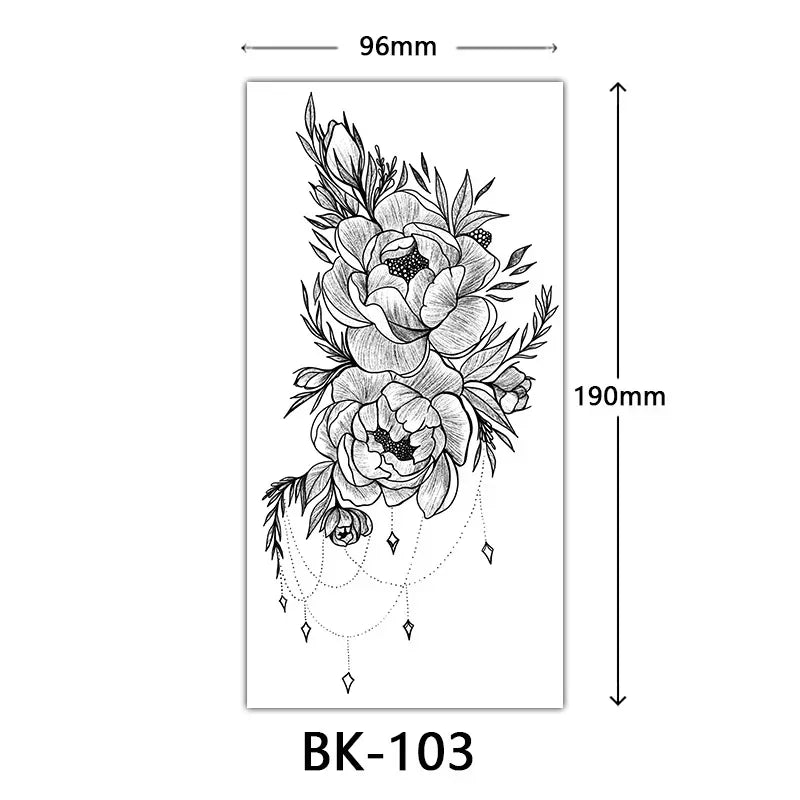 Rose Blossom Tattoo Temporary Waterproof Butterfly Fake Tattoo for Woman Black Flower Sketch Tattoo Sticker