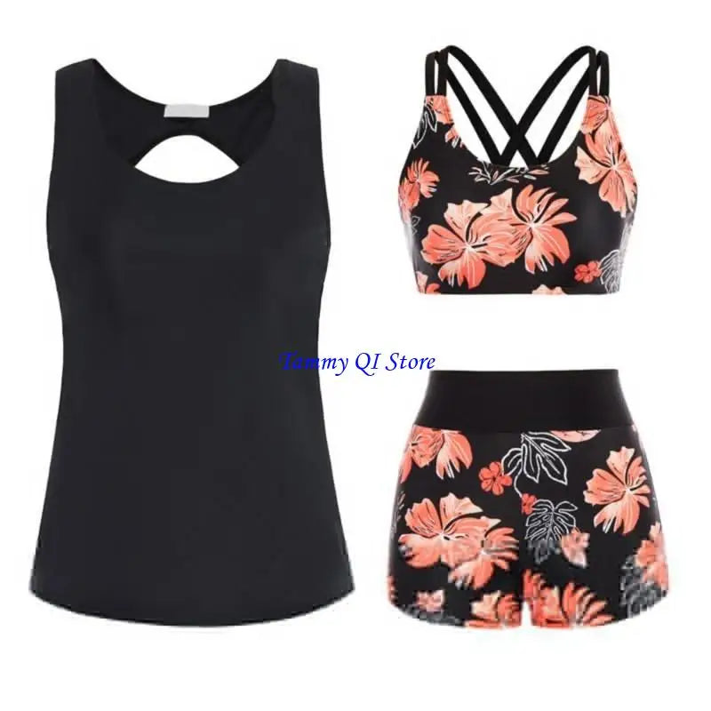 F1FD Women Flowers Print Bathing Suit 3 Pcs Split Swimwear Tankini Swimsuit Swimming Costume Set Ladies Sports Swimwear - Sun Studio