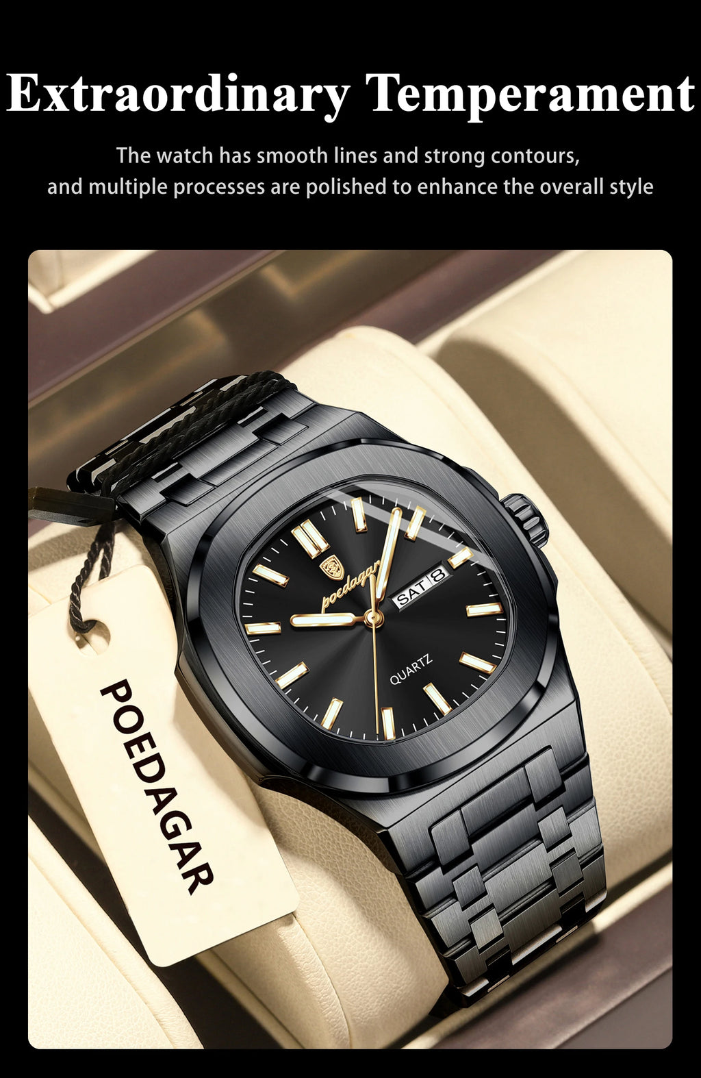 POEDAGAR Luxury Square Men's Watches Waterproof Luminous Date Week Men Watch Stainless Steel Fashion Quartz Man Wristwatch Reloj - Sun Studio