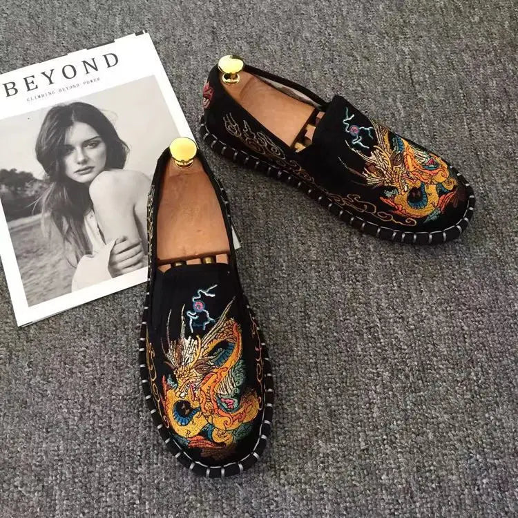 Old Beijing Cloth Shoes Embroidery Flower Social Guy Male Moccasin-Gommino Student Casual Shoes Fashion National Chinese Style - Sun Studio