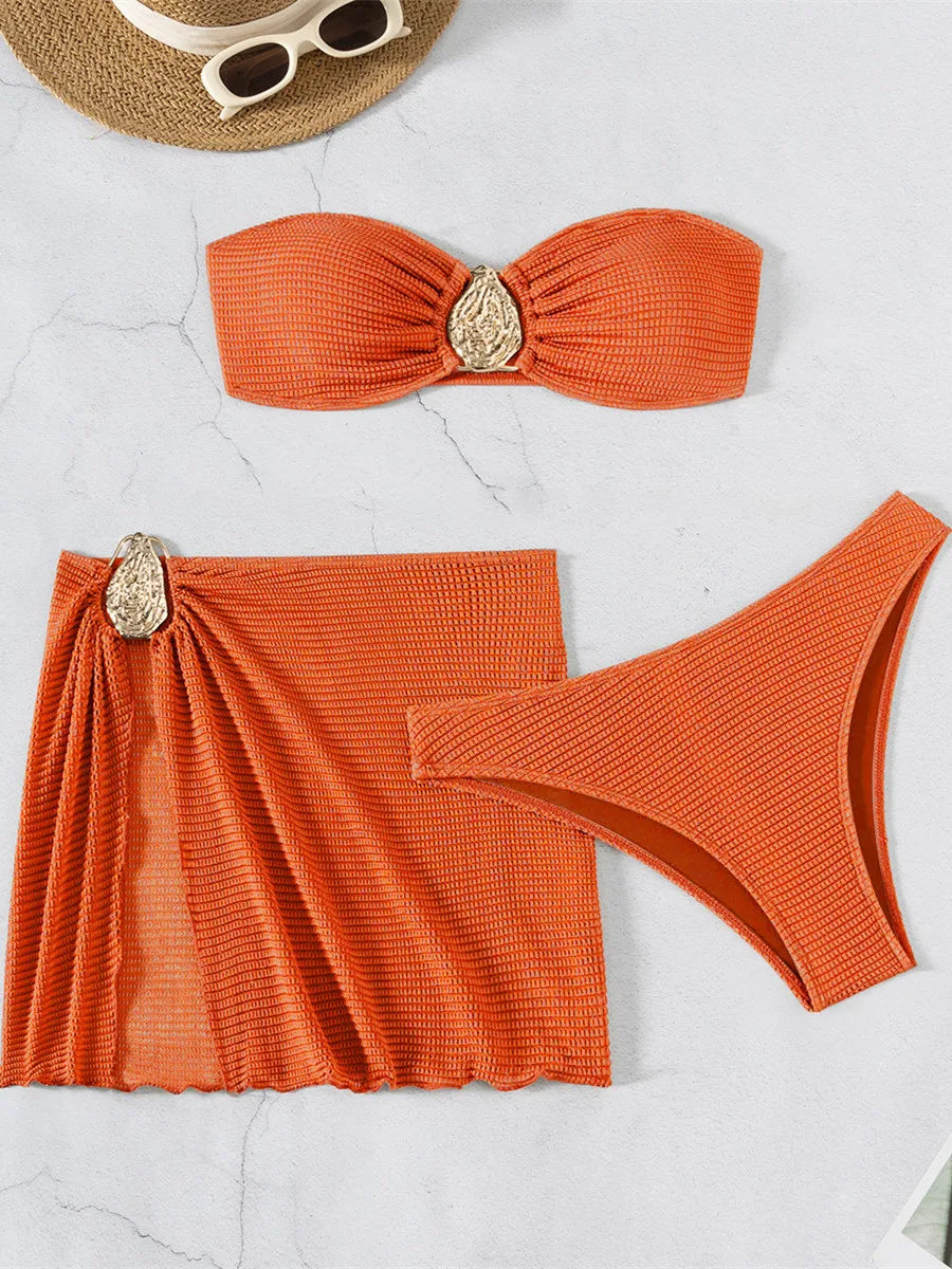Sexy Bandeau Bikini Women Coffee Metal Water Droplet Ornament Push Up Mesh Skirt 3 Piece Swimsuit Beach Bathing Suit Swimwear - Sun Studio