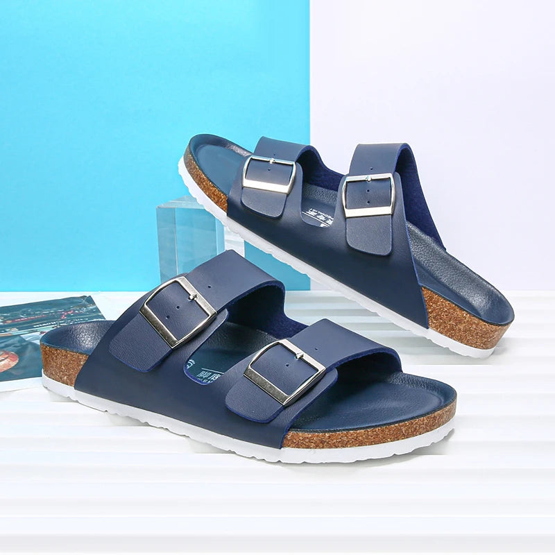 Summer Men Cork Slippers Slides Clogs Casual Slip On Sandals Double Buckle Women Microfiber Leather Unisex Big Size 47 48 49 - Sun Studio