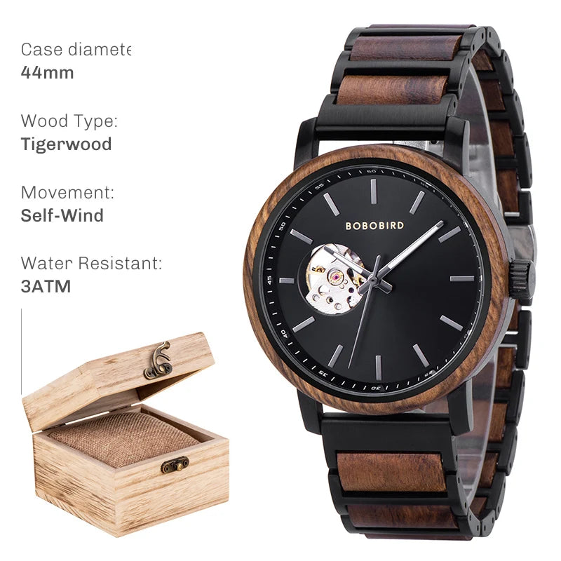 BOBO BIRD New Mechanical Watches for Men Luxury Wood and Stainless Steel Skeleton Customized Automatic Watch relojes mecánicos - Sun Studio