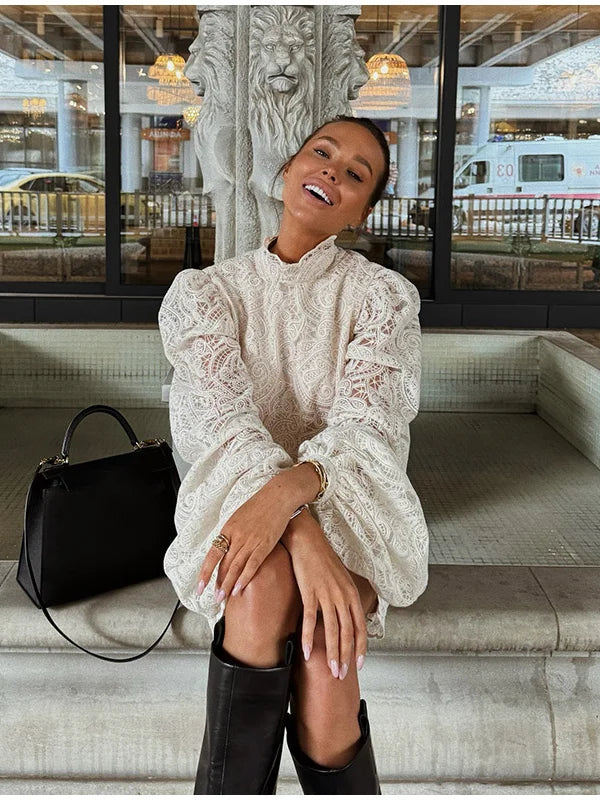White Lace Dresses Elegant Solid Flared Sleeve High Neck Slim Pleat Mini Women Dress 2026 New Fashion Club Evening  Party Robes - Sun Studio