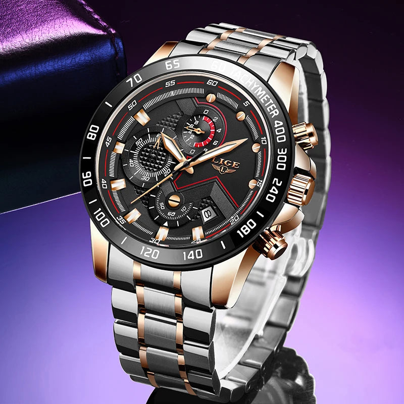2025 New LIGE Fashion Mens Watches Stainless Steel Top Brand Luxury Sport Chronograph Quartz WithWatch For Men Relogio Masculino - Sun Studio