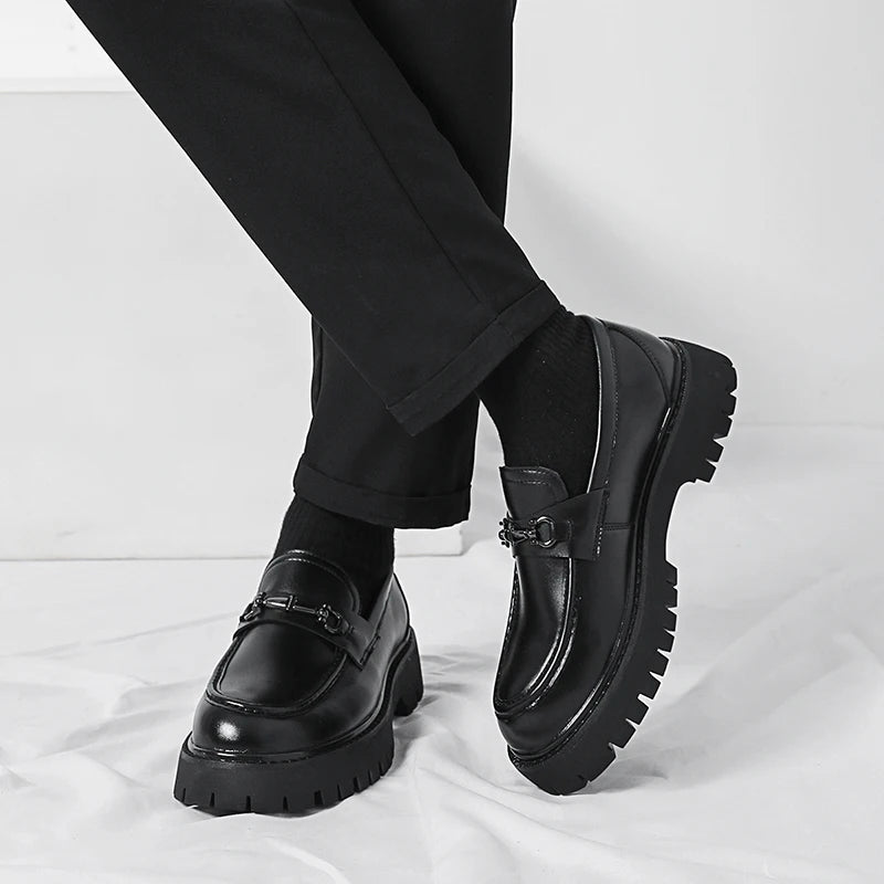 STRONGSHEN Men Leather Shoes Thick-soled British Style Formal Business Shoes Fashion Luxury Slip-On Round Toe Office Casual Shoe - Sun Studio