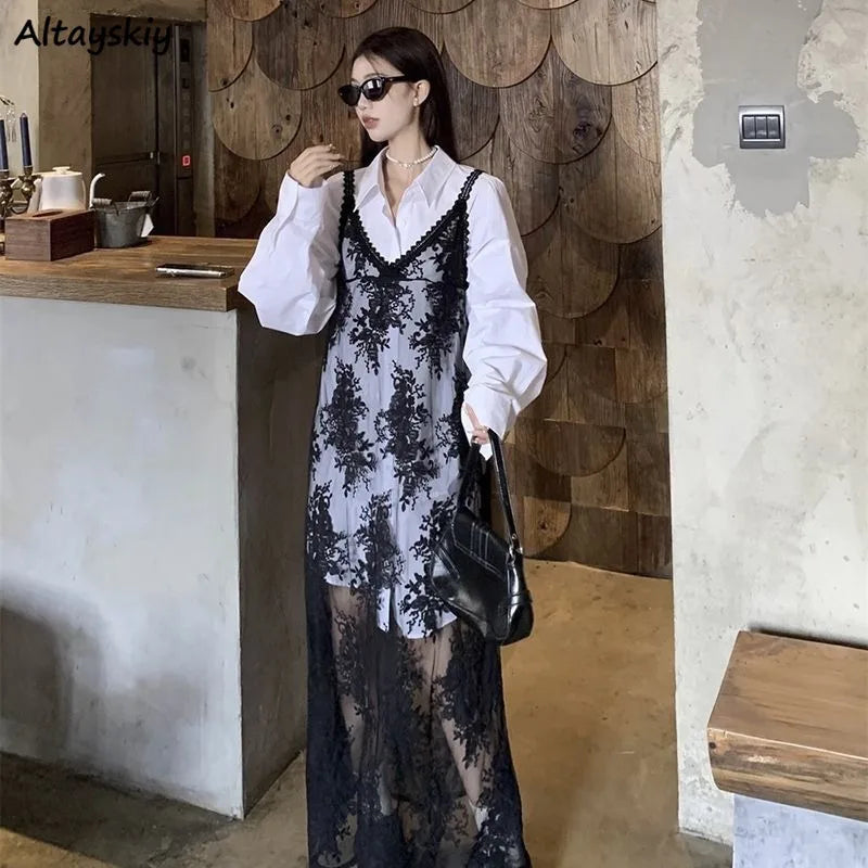 Solid Dresses Women Summer Girls Embroidery Lace Designed Korean Style Layering Streetwear Prevalent Attractive Leisure Trendy - Sun Studio