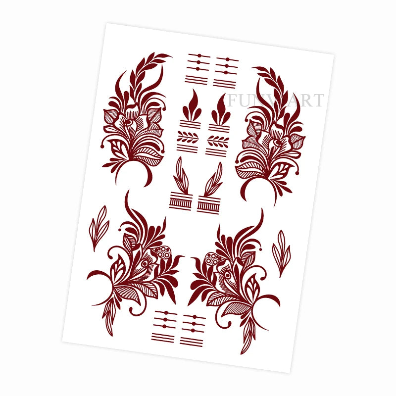Waterproof Flower Hand Tattoo for Women Maroon Henna Tattoo Stickers for Hand Fingers Body Art Disposable Fake Tattoo Festival - Sun Studio