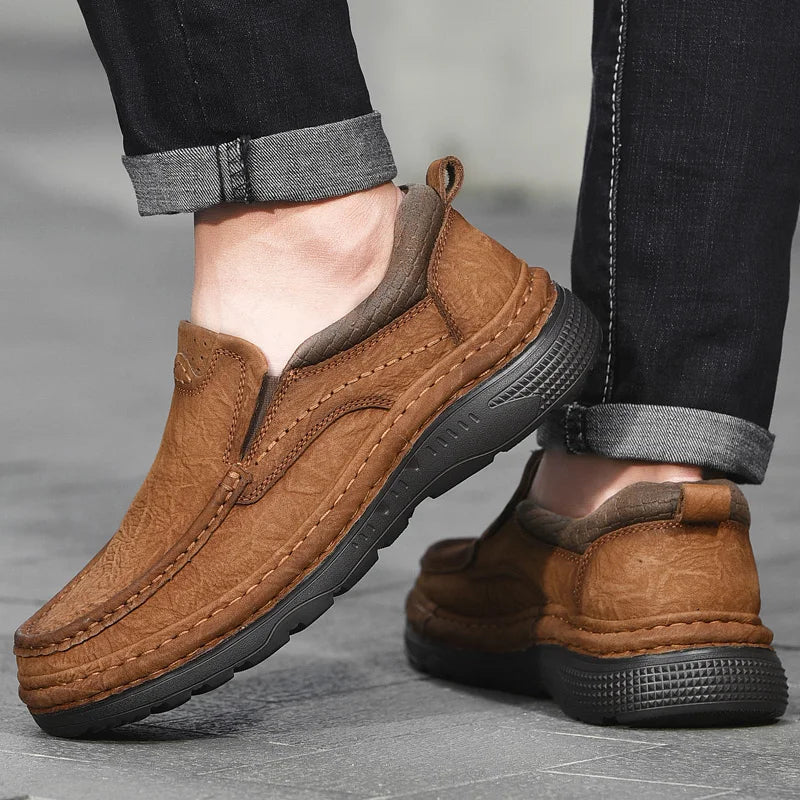 Genuine Leather Mens Loafers Anti-slip Rubber Man Casual Shoes Vintage Style Walk Shoes Slip-On Hiking Footwear Luxury Moccasins - Sun Studio