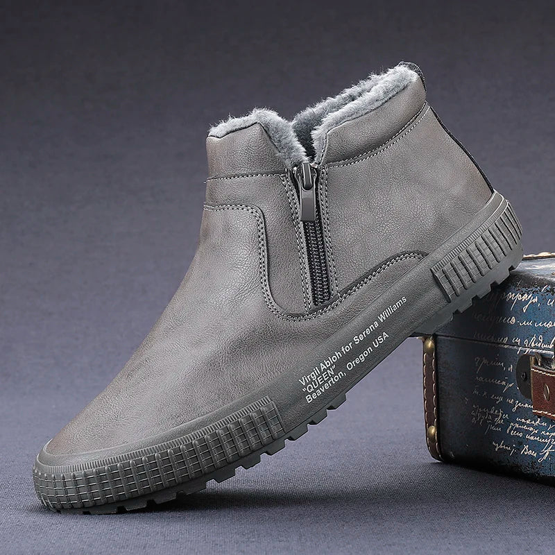 Man Winter Warm Leather Boots Warm Plush Inside High Tops Casual Shoes Slip on Keep Warm Thick Fur Men's Platform Ankle Boots - Sun Studio