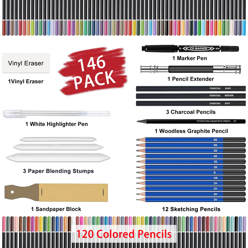 42/73/146 Pack Drawing Sketching Set, with 3-Color Sketchbook, Graphite, Charcoal Pencil, Ideal for Shading, Blending - Sun Studio