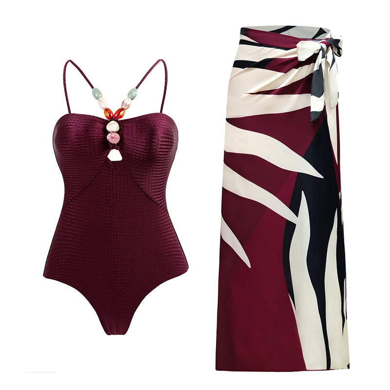 2024 Sexy Women's Swimsuit with Skirt One-Piece Swimwear Vintage Ruffle V Neck Cover Up Bikinis Set Beachwear Bathing Suit - Sun Studio