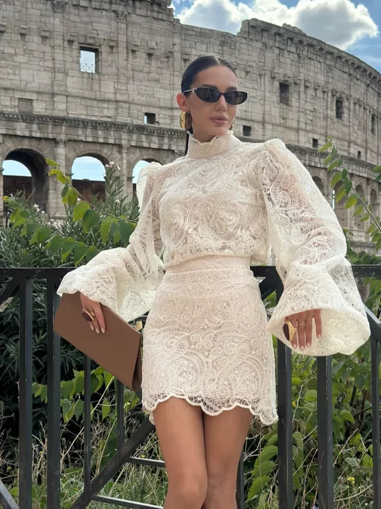 White Lace Dresses Elegant Solid Flared Sleeve High Neck Slim Pleat Mini Women Dress 2026 New Fashion Club Evening  Party Robes - Sun Studio