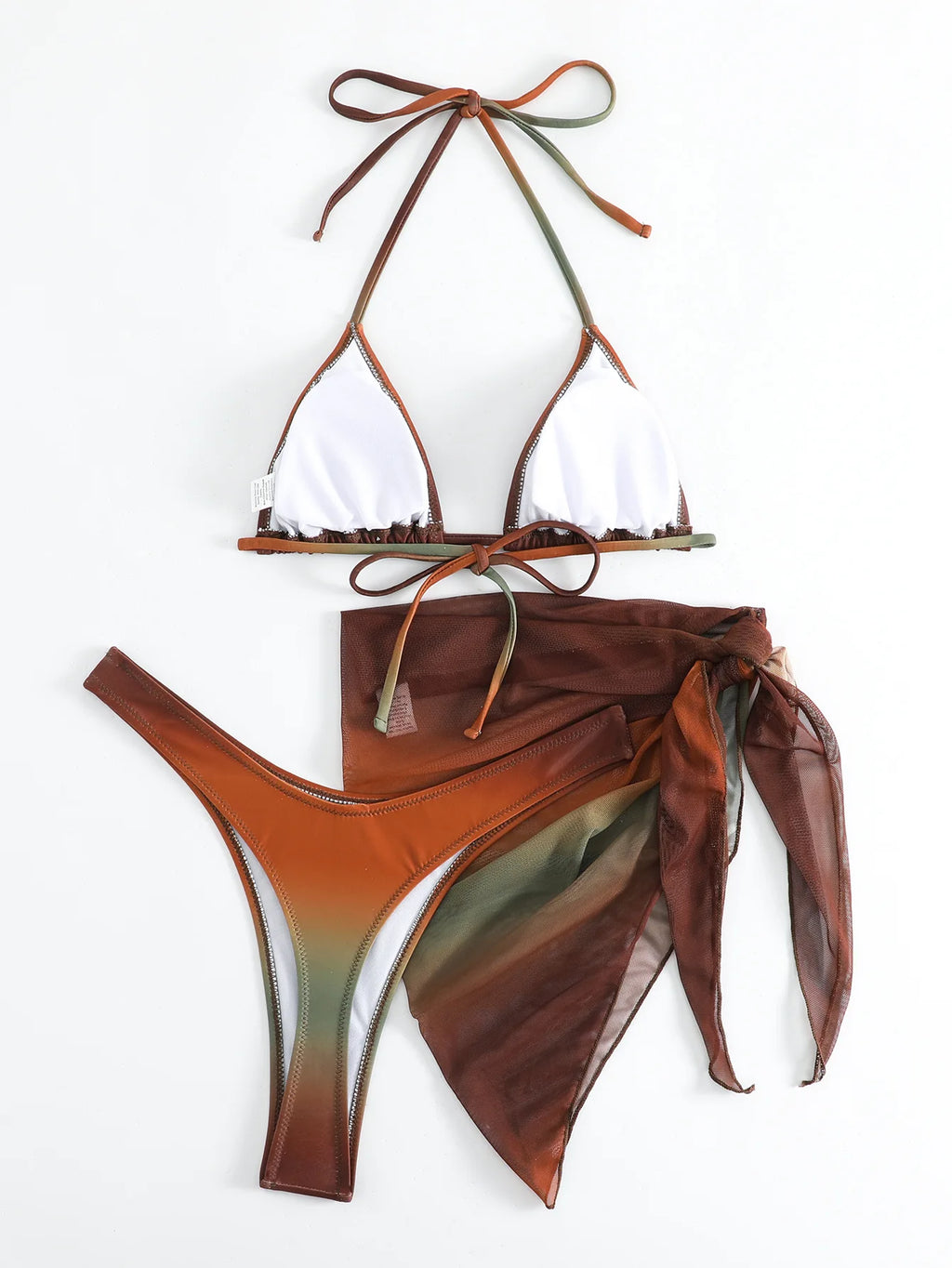 Sexy Brown Gradient Bikini 2024 Swimwear Women Halter Push Up Bra Mesh Skirt 3 Piece Swimsuit Bathing Suit Cover Up Bikinis Sets - Sun Studio