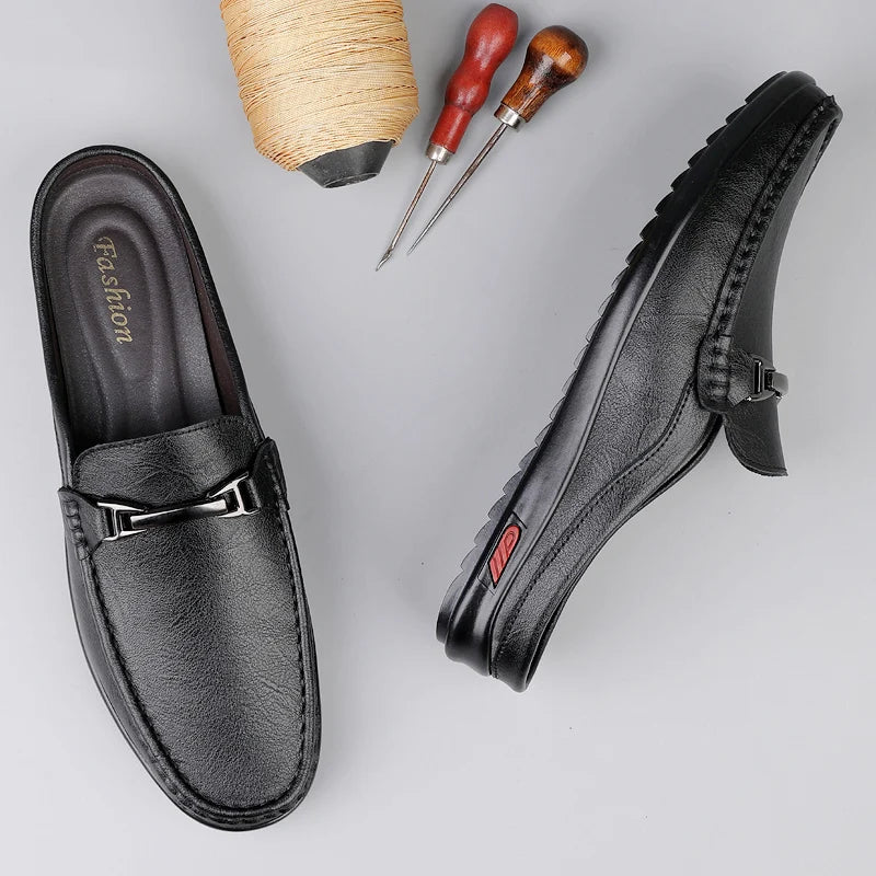 Luxury Men Genuine Leather Shoes Casual Business Men Slip-on Shoe All-Match Half Slippers Loafers Summer Handmade Flats Slippers - Sun Studio