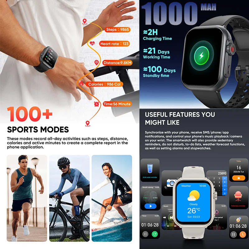 2025 New 1000mAh Battery Smart Watch For Men Women Bluetooth Call Heart Rate Monitor Watches IP68 Waterproof Sports Smartwatches - Sun Studio