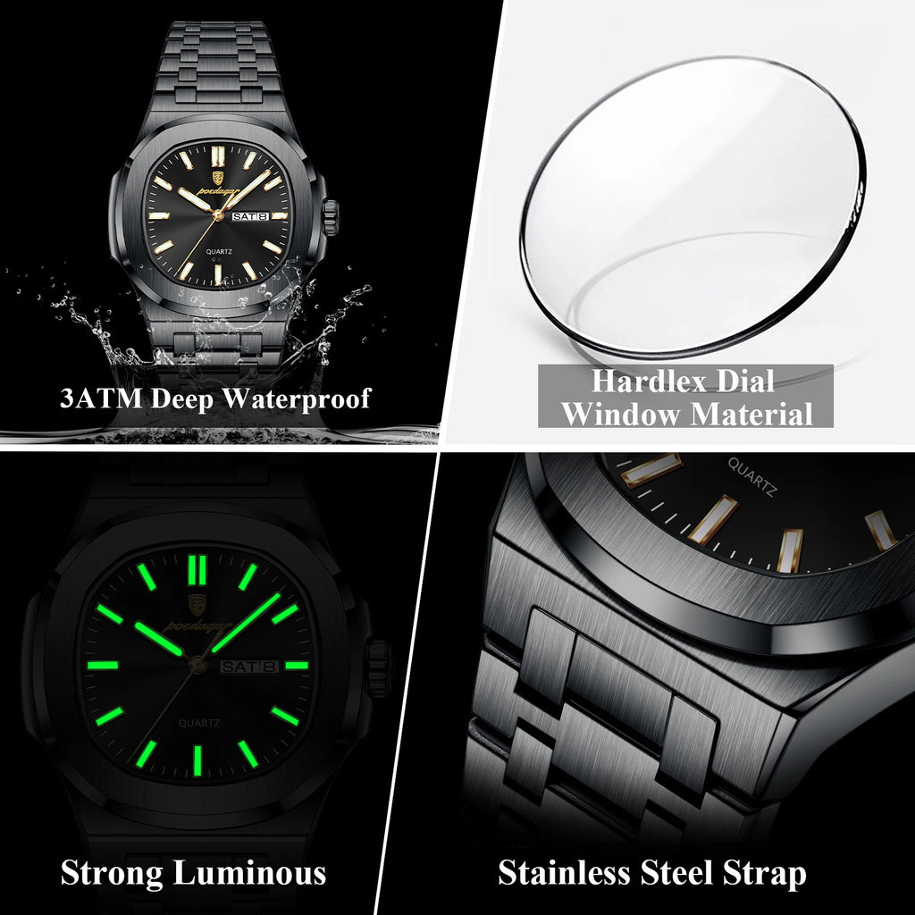 POEDAGAR Luxury Square Men's Watches Waterproof Luminous Date Week Men Watch Stainless Steel Fashion Quartz Man Wristwatch Reloj - Sun Studio