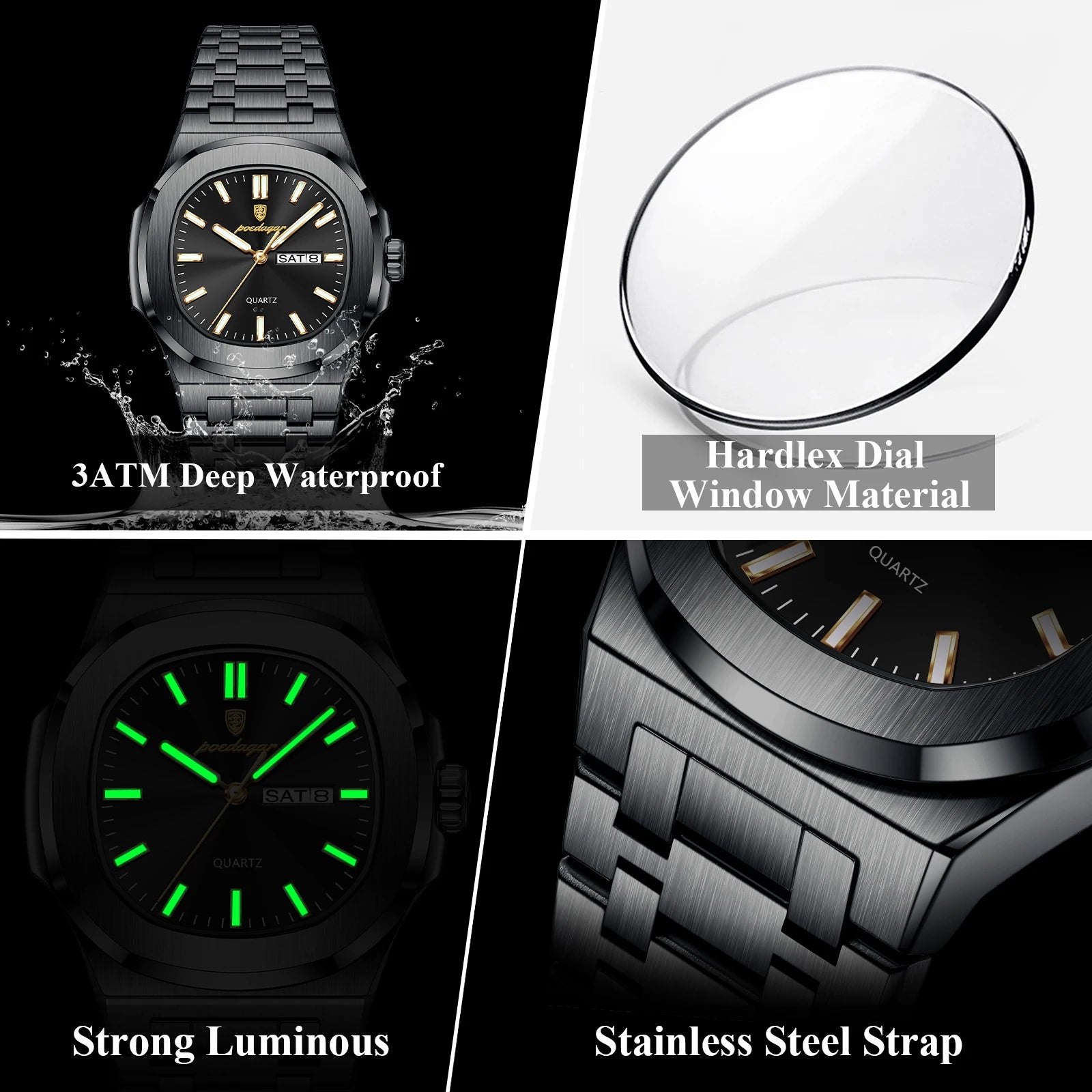 POEDAGAR Luxury Square Men's Watches Waterproof Luminous Date Week Men Watch Stainless Steel Fashion Quartz Man Wristwatch Reloj - Sun Studio