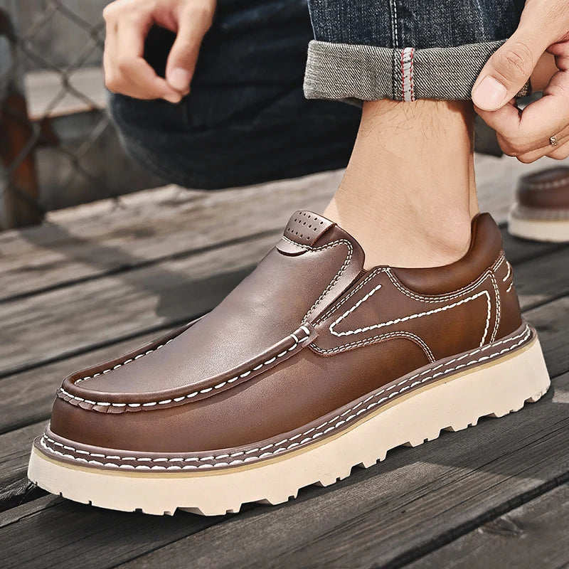 Trendy New Style Men's Genuine Leather Shoes Thick Soled Tooling Shoes Men's Oxford Shoes Lace Up Business Shoes Outdoor Loafers - Sun Studio