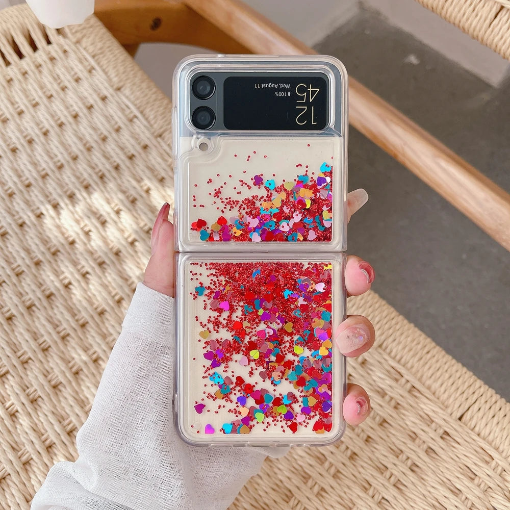 for Samsung Z Flip 7 Luxury Glitter Quicksand Case For Samsung Galaxy Z Flip 7 6 5 4 3 ZFlip 7FE Gradient Love Heart Bling Cover - Sun Studio