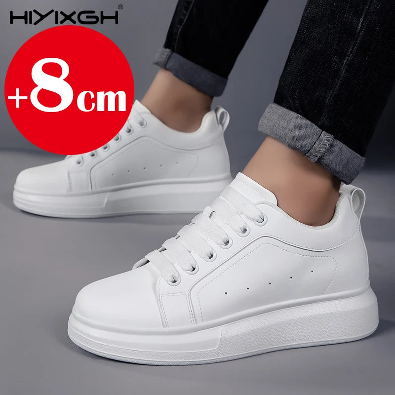 New men's leather elevator shoes 6 cm 8 cm invisible height increase white black sneakers leather height increase casual shoes - Sun Studio