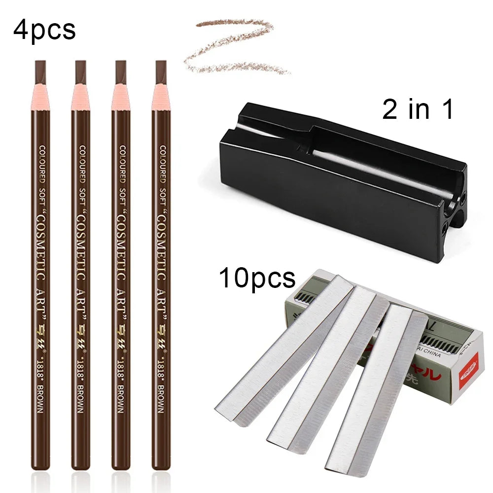 Eyebrow Pencil Microblading Supplies Set Waterproof Eyebrow Tattoo Tint Enhancers With Sharpener Brow 10Pcs Brow Trimmer Blade