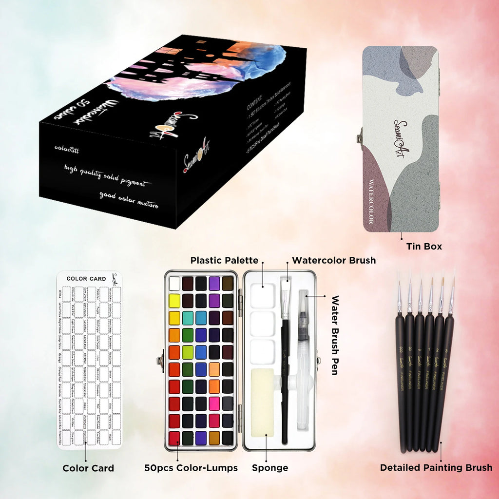 SeamiArt 50Color Solid Watercolor Paint Set Portable Metal Box Watercolor Pigment for Beginner Drawing Watercolor Paper Supplies - Sun Studio