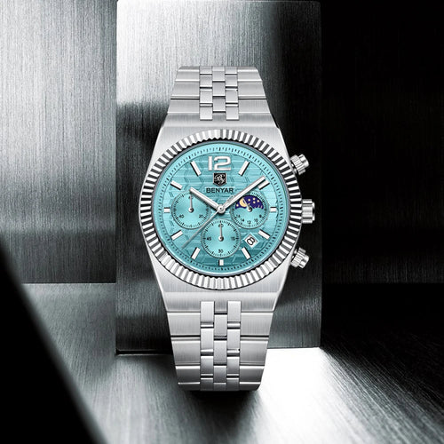 2025 New BENYAR Moon Phase Mens Watches Top Luxury Quartz Chronograph Watch For Men Stainless Steel Waterproof Sports Clock Gift - Sun Studio
