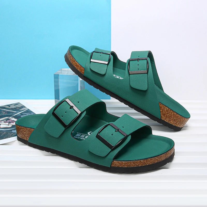 Summer Men Cork Slippers Slides Clogs Casual Slip On Sandals Double Buckle Women Microfiber Leather Unisex Big Size 47 48 49 - Sun Studio