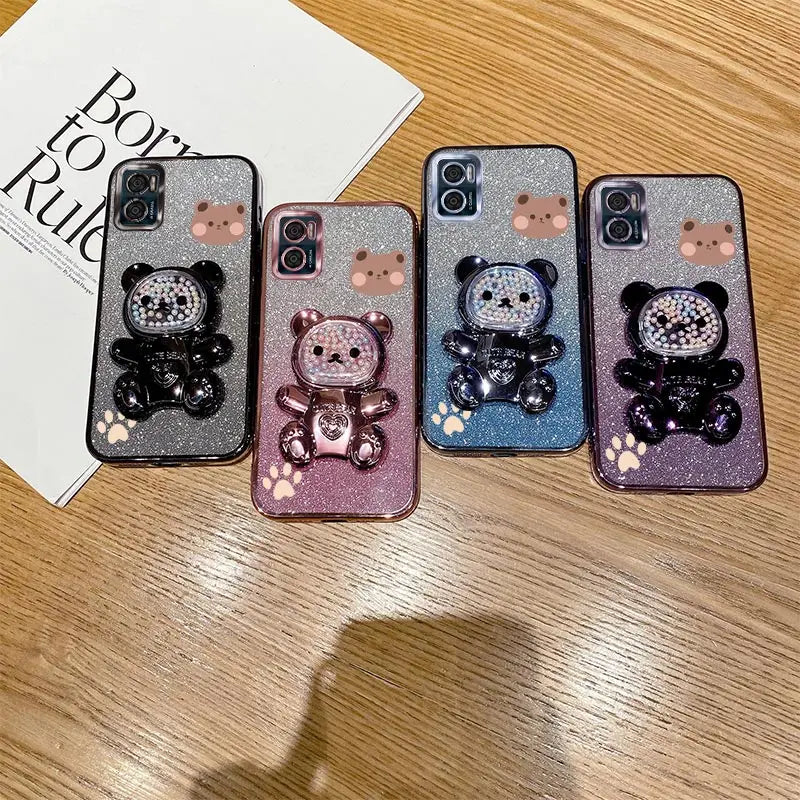 E 7 E 13 Glitter Bling Bear Phone Holder Case On For Motorola Moto E7 Plus Power E13 E20 E22 E22i E32 EDGE 20 30 Stand Cover - Sun Studio