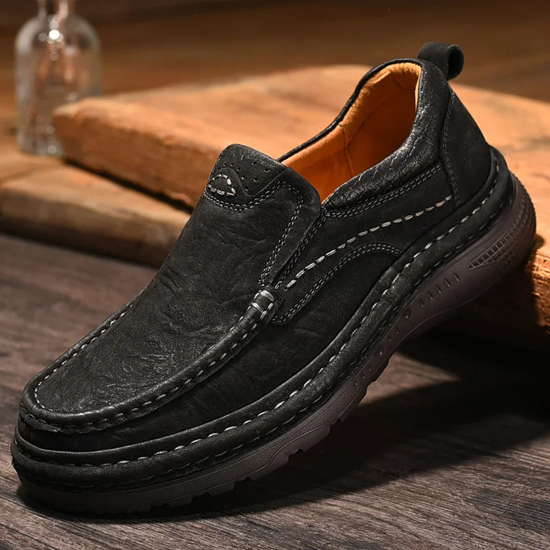 Genuine Leather Mens Loafers Anti-slip Rubber Man Casual Shoes Vintage Style Walk Shoes Slip-On Hiking Footwear Luxury Moccasins - Sun Studio