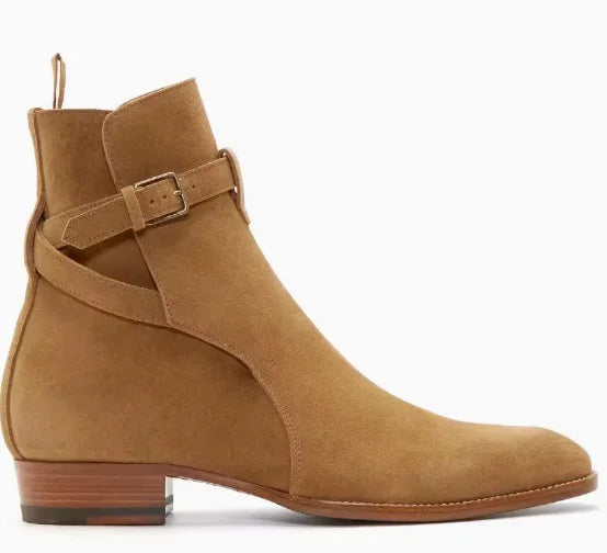 Black Pointed Toe Buckle Strap Ankle Boots Grey Men Hombre Genuine Leather Men Motorcycle Boots For Men Work High Top Men Shoes