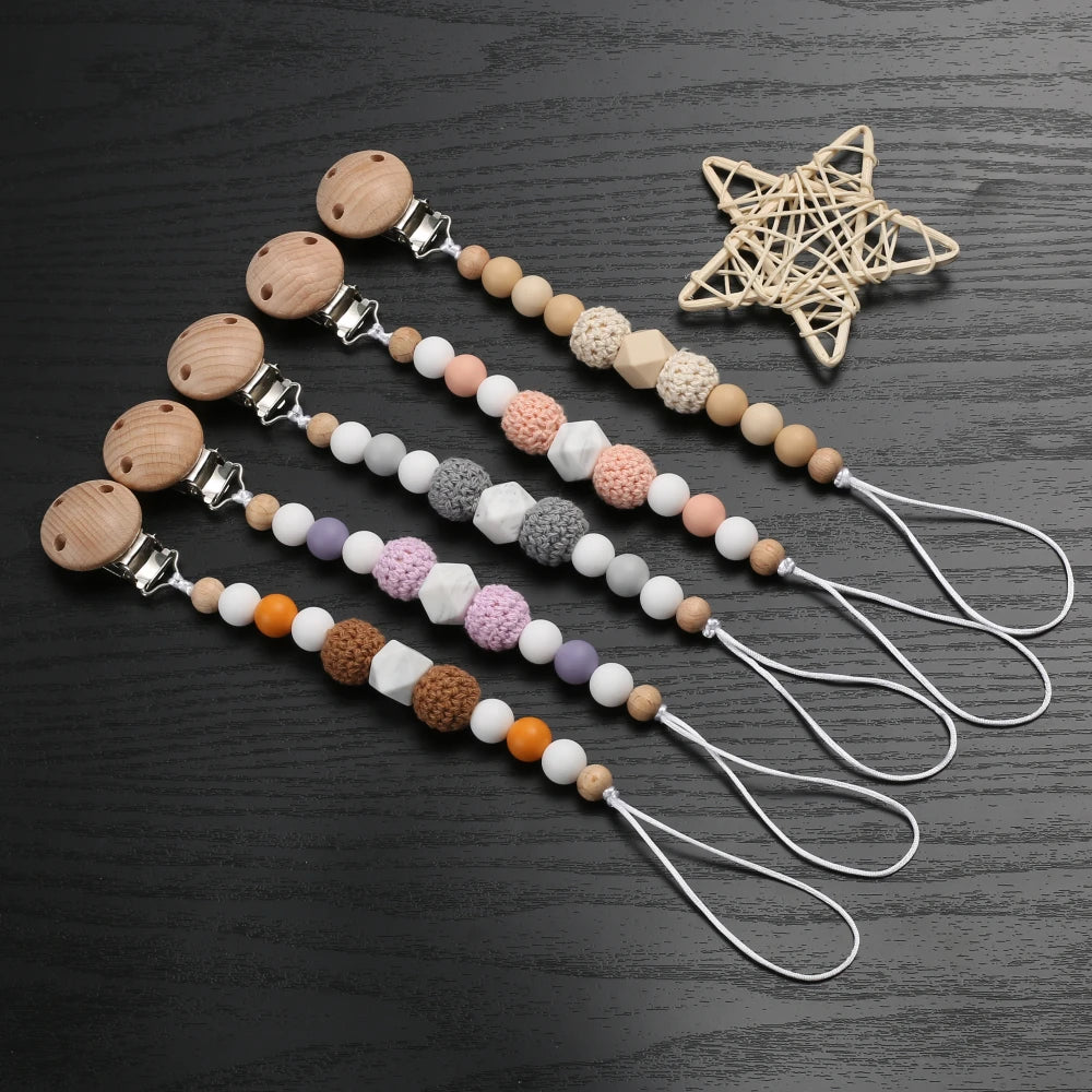 Wooden Felt Ball Baby Pacifier Chain Beech Soother Nipple Clips For Silicone Beaded Dummy Holder Chain Care Chew Toy Shower Gift - Sun Studio