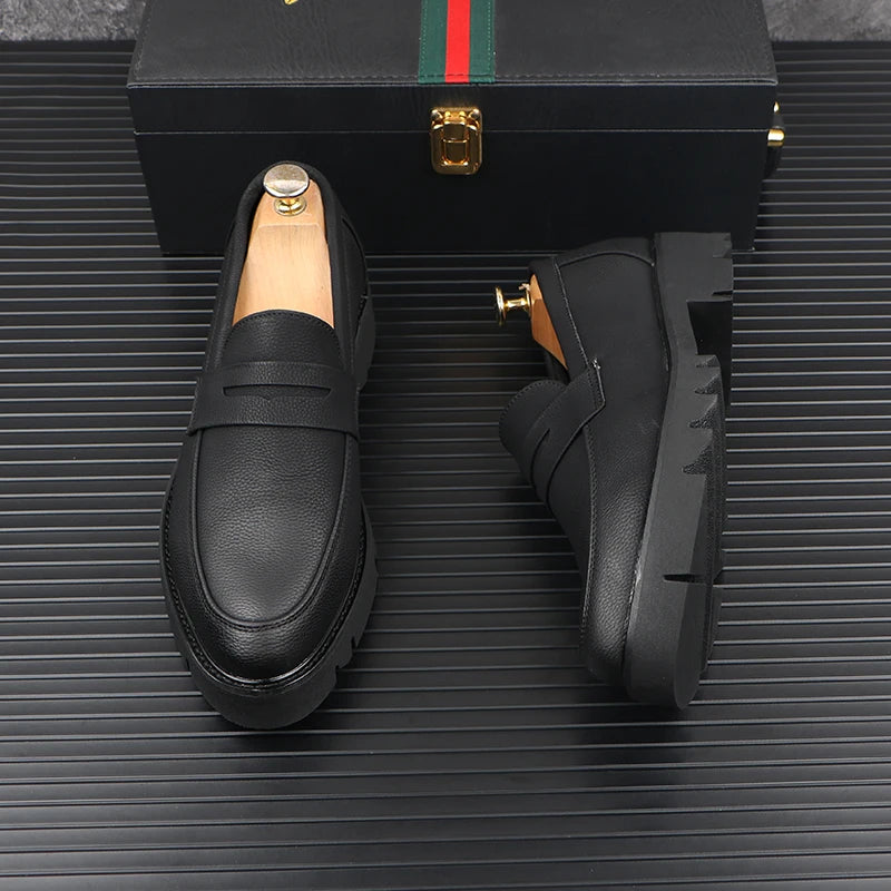 men casual genuine leather shoes slip-on driving shoe business wedding formal dress black trendy platform loafers mans footwear - Sun Studio