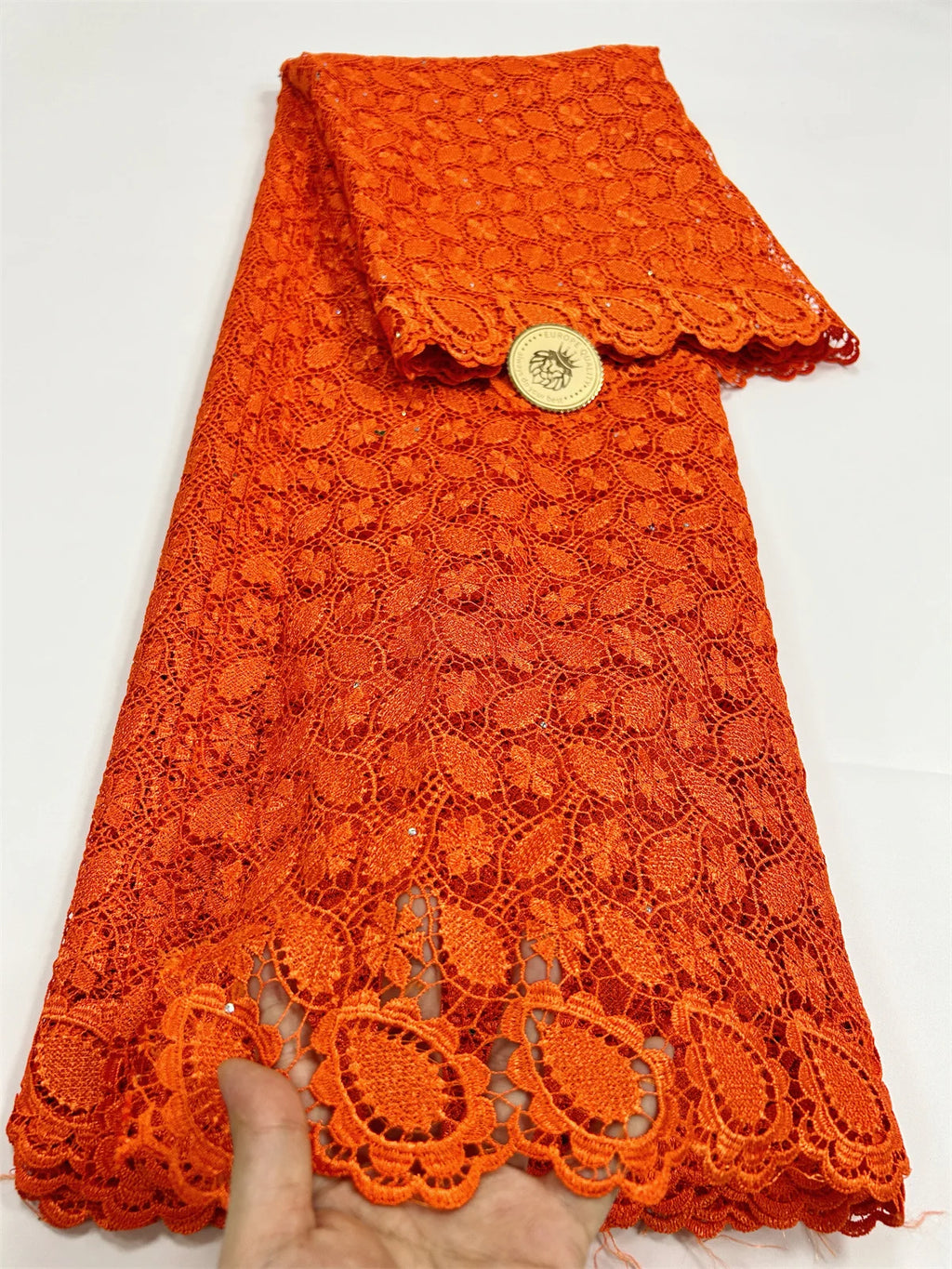 2024 Peach African Guipure Cord Lace Fabric with Stones Chemical Lace Fabric Water Soluble Lace For Women Evening Party Dresses - Sun Studio