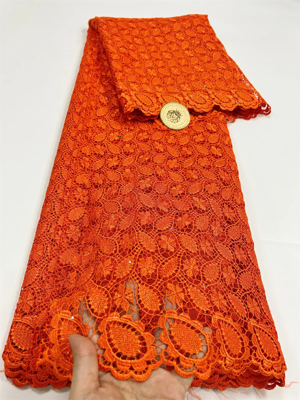 2024 Peach African Guipure Cord Lace Fabric with Stones Chemical Lace Fabric Water Soluble Lace For Women Evening Party Dresses - Sun Studio