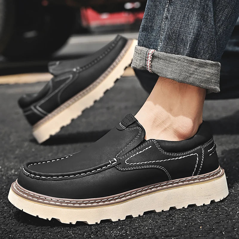 Trendy New Style Men's Genuine Leather Shoes Thick Soled Tooling Shoes Men's Oxford Shoes Lace Up Business Shoes Outdoor Loafers - Sun Studio