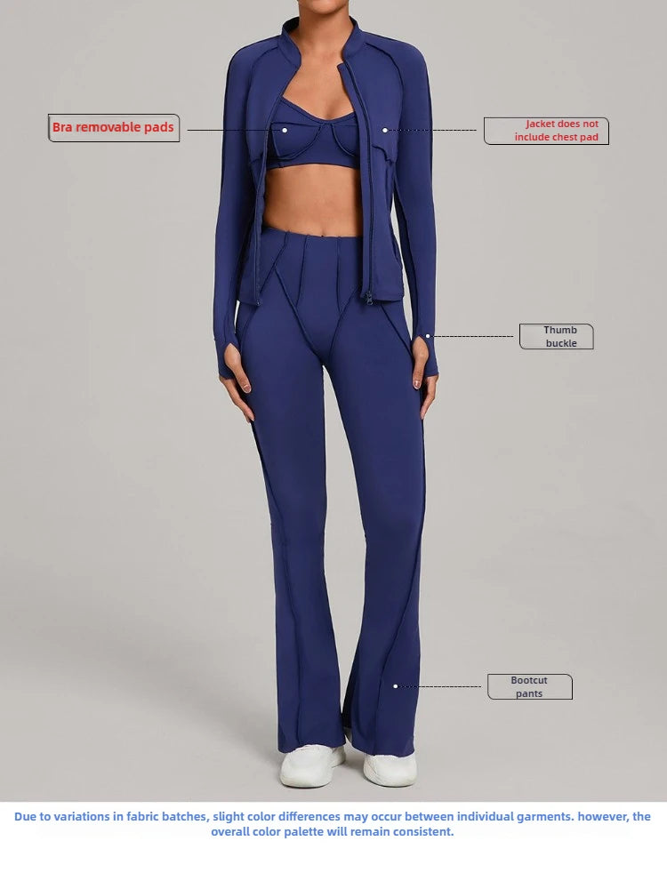 Gym Casual Yoga Set for Women Outdoor Running Fitness Outfit Autumn Winter Tight Sports Three-Piece Set Zipper Coat+bras+pants - Sun Studio
