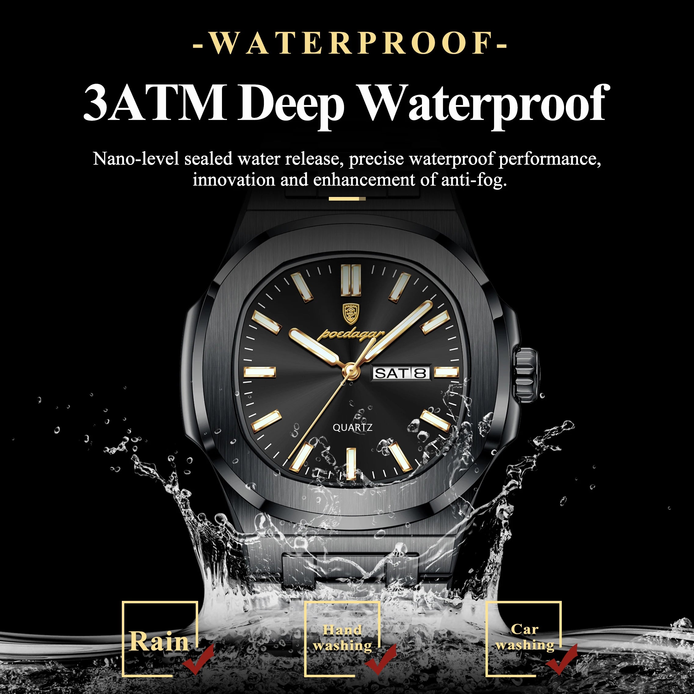 POEDAGAR Luxury Square Men's Watches Waterproof Luminous Date Week Men Watch Stainless Steel Fashion Quartz Man Wristwatch Reloj - Sun Studio