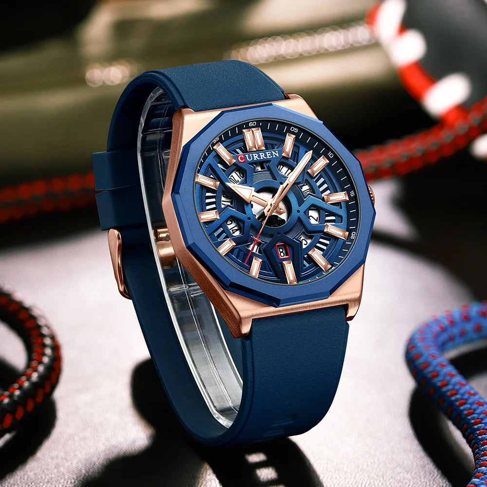 CURREN Fashion Creative Design Watches Men Quartz Silicone Strap Date Wristwatches for Male Clock with Luminous Hands - Sun Studio